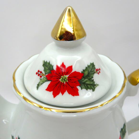 Lefton Christmas Teapot 1987 Poinsettia Holly Gold Trim Holiday Serveware Japan - Picture 3 of 16